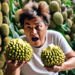 A person fearlessly consuming an entire durian, including its thorny shell, with an expression of determination and curiosity