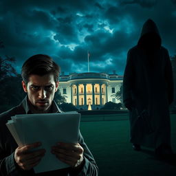 A tense psychological thriller unfolding at the White House, featuring a shadowy figure lurking in the background, the iconic building illuminated at night with ominous clouds overhead