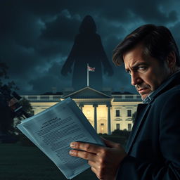 A tense psychological thriller unfolding at the White House, featuring a shadowy figure lurking in the background, the iconic building illuminated at night with ominous clouds overhead