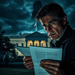 A tense psychological thriller unfolding at the White House, featuring a shadowy figure lurking in the background, the iconic building illuminated at night with ominous clouds overhead