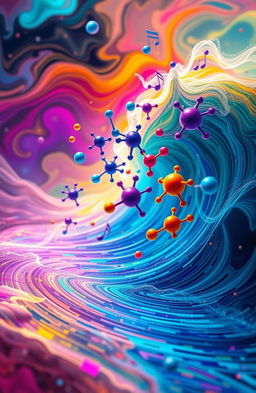 A surreal and imaginative representation of a journey into sound, focusing on the molecular level of audio mixing
