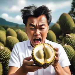 A person fearlessly consuming an entire durian, including its thorny shell, with an expression of determination and curiosity