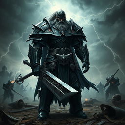 A powerful warrior clad in striking black armor, standing confidently amidst a dramatic battlefield