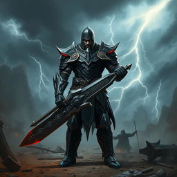 A powerful warrior clad in striking black armor, standing confidently amidst a dramatic battlefield