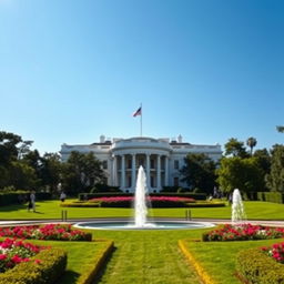 A detailed view of the White House, showcasing its iconic neoclassical architecture, with a clear blue sky in the background