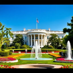 A detailed view of the White House, showcasing its iconic neoclassical architecture, with a clear blue sky in the background