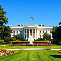 A detailed view of the White House, showcasing its iconic neoclassical architecture, with a clear blue sky in the background