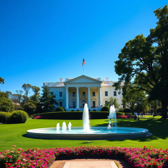 A detailed view of the White House, showcasing its iconic neoclassical architecture, with a clear blue sky in the background