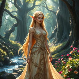 An elegant elven female princess adorned in a shimmering, intricate gown made of delicate silk and adorned with leaves and flowers, standing gracefully in a vibrant, enchanting forest
