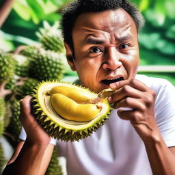 A person fearlessly consuming an entire durian, including its thorny shell, with an expression of determination and curiosity