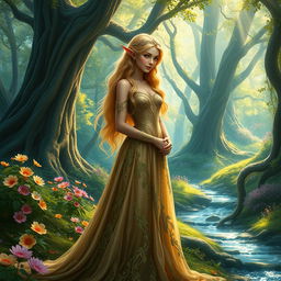 An elegant elven female princess adorned in a shimmering, intricate gown made of delicate silk and adorned with leaves and flowers, standing gracefully in a vibrant, enchanting forest