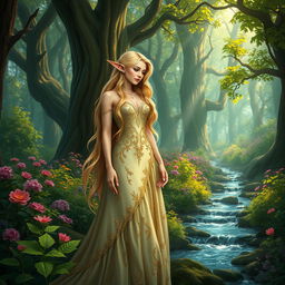 An elegant elven female princess adorned in a shimmering, intricate gown made of delicate silk and adorned with leaves and flowers, standing gracefully in a vibrant, enchanting forest