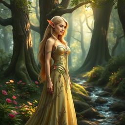 An elegant elven female princess adorned in a shimmering, intricate gown made of delicate silk and adorned with leaves and flowers, standing gracefully in a vibrant, enchanting forest