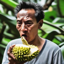 An audacious person chewing on the rugged skin of a durian, their face expressing surprise at the unexpected texture.