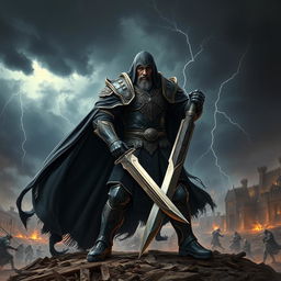 A fierce warrior clad in black armor, standing confidently on a rugged battlefield