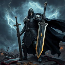 A fierce warrior clad in black armor, standing confidently on a rugged battlefield