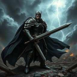 A fierce warrior clad in black armor, standing confidently on a rugged battlefield