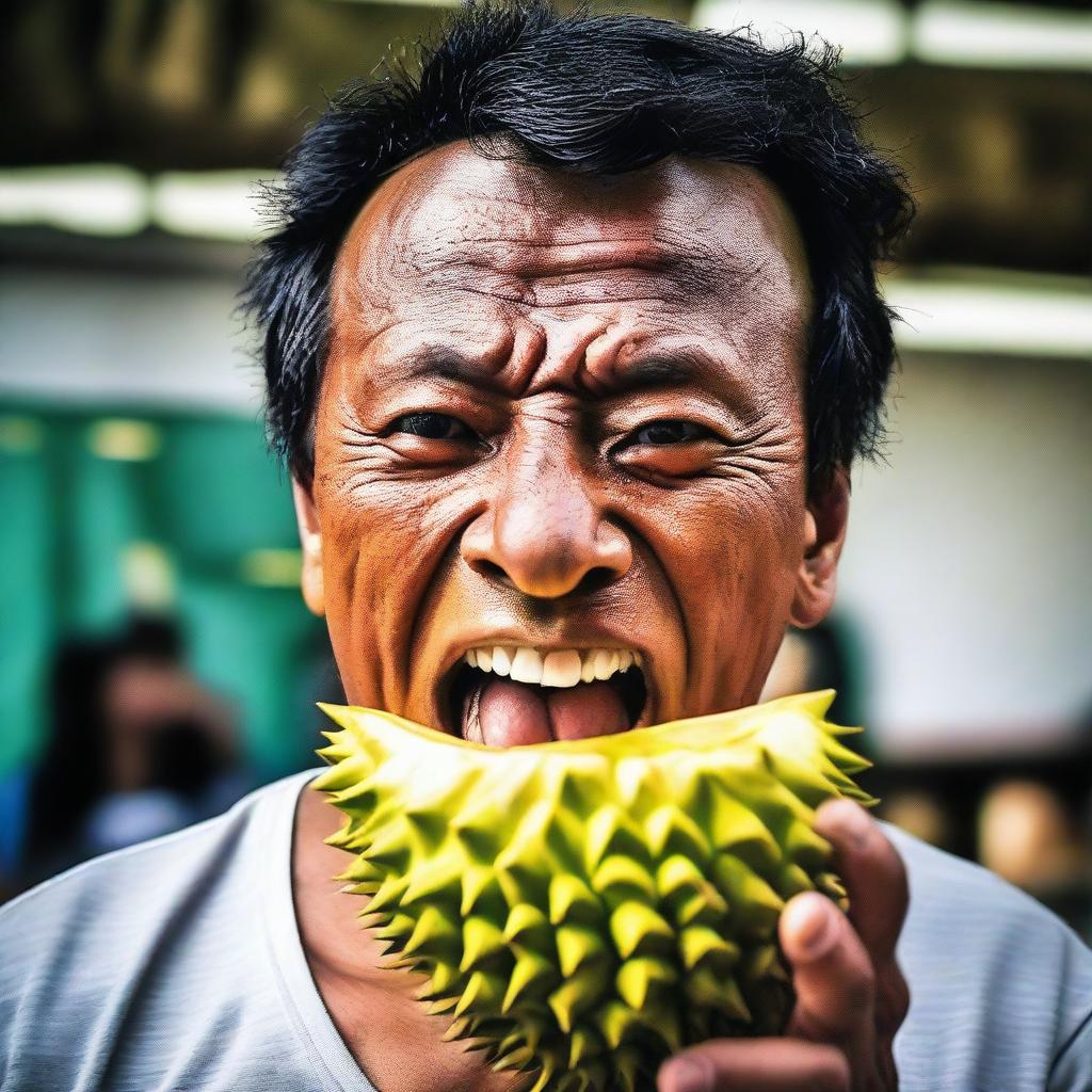 An audacious person chewing on the rugged skin of a durian, their face expressing surprise at the unexpected texture.