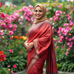 A full-body portrait of a mature Muslim woman showcasing her poise and confidence, dressed in a tight, sexy saree that accentuates her curves and highlights her thick thighs beautifully