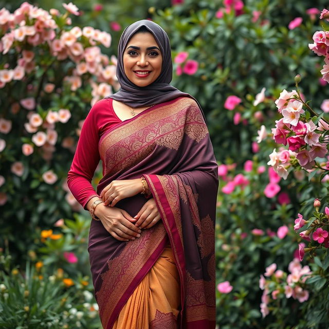 A full-body portrait of a mature Muslim woman showcasing her poise and confidence, dressed in a tight, sexy saree that accentuates her curves and highlights her thick thighs beautifully