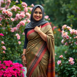 A full-body portrait of a mature Muslim woman showcasing her poise and confidence, dressed in a tight, sexy saree that accentuates her curves and highlights her thick thighs beautifully