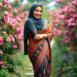 A full-body portrait of a mature Muslim woman showcasing her poise and confidence, dressed in a tight, sexy saree that accentuates her curves and highlights her thick thighs beautifully