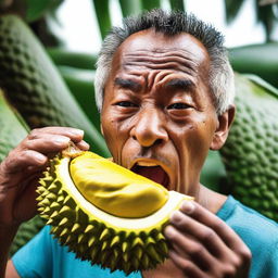 An audacious person chewing on the rugged skin of a durian, their face expressing surprise at the unexpected texture.