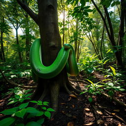 A massive green constrictor snake coiled around the thick branch of a tree in a lush forest