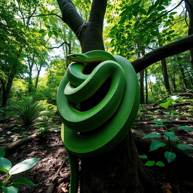 A massive green constrictor snake coiled around the thick branch of a tree in a lush forest