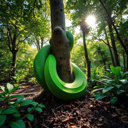 A massive green constrictor snake coiled around the thick branch of a tree in a lush forest
