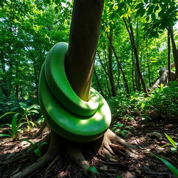 A massive green constrictor snake coiled around the thick branch of a tree in a lush forest