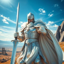A fierce warrior clad entirely in gleaming white armor that shines brilliantly under the sun