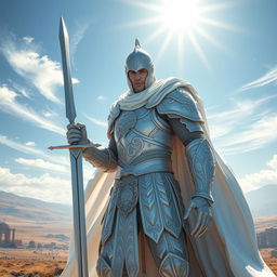 A fierce warrior clad entirely in gleaming white armor that shines brilliantly under the sun