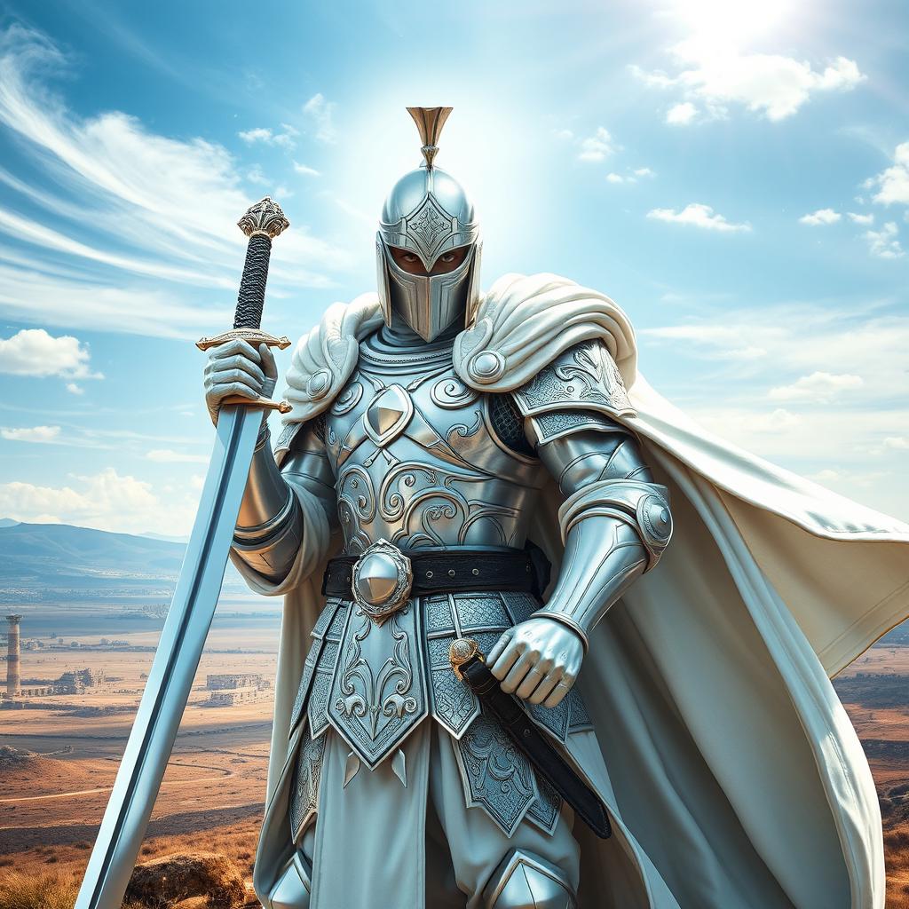 A fierce warrior clad entirely in gleaming white armor that shines brilliantly under the sun