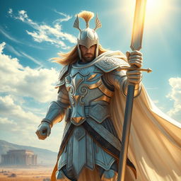A fierce warrior clad entirely in gleaming white armor that shines brilliantly under the sun