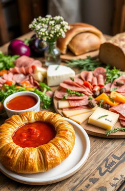 A beautiful spread of traditional European cuisine, featuring an assortment of dishes on a rustic wooden table