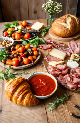 A beautiful spread of traditional European cuisine, featuring an assortment of dishes on a rustic wooden table