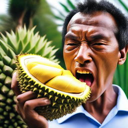 An audacious person chewing on the rugged skin of a durian, their face expressing surprise at the unexpected texture.