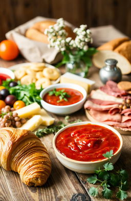 A beautiful spread of traditional European cuisine, featuring an assortment of dishes on a rustic wooden table