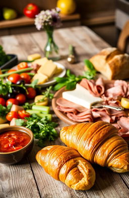A beautiful spread of traditional European cuisine, featuring an assortment of dishes on a rustic wooden table