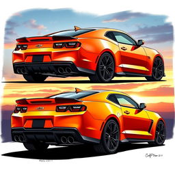 A detailed illustration of the Chevrolet Camaro ZL1 showcasing the rear, front, and side profiles