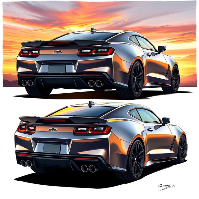 A detailed illustration of the Chevrolet Camaro ZL1 showcasing the rear, front, and side profiles