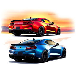 A detailed illustration of the Chevrolet Camaro ZL1 showcasing the rear, front, and side profiles