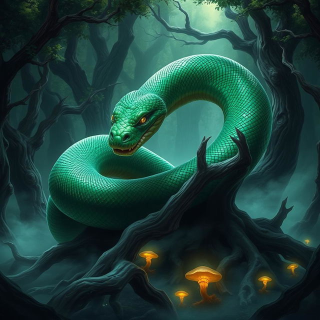 A mythical giant green constrictor snake, exuding an aura of evil, is coiled menacingly around twisted tree roots in a dark, mystical forest