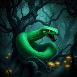 A mythical giant green constrictor snake, exuding an aura of evil, is coiled menacingly around twisted tree roots in a dark, mystical forest