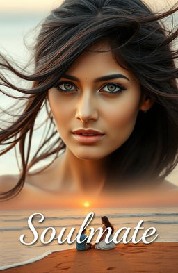 A beautiful Indian woman with very fair skin and striking hazel eyes, elegantly styled with a centre split hairstyle that flows gracefully in the background