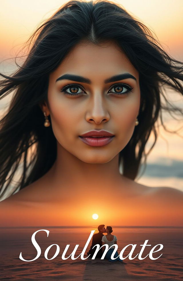 A beautiful Indian woman with very fair skin and striking hazel eyes, elegantly styled with a centre split hairstyle that flows gracefully in the background