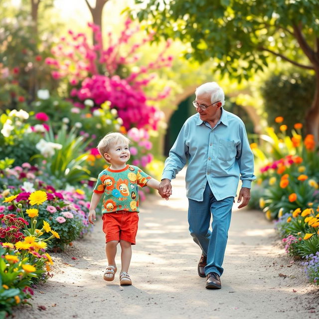 A heartwarming scene depicting a little boy holding hands with his grandfather as they walk together in a beautiful garden