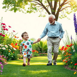 A heartwarming scene depicting a little boy holding hands with his grandfather as they walk together in a beautiful garden