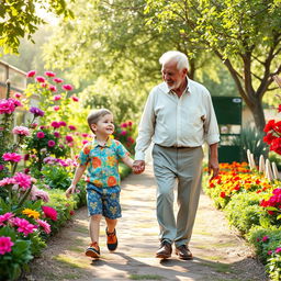 A heartwarming scene depicting a little boy holding hands with his grandfather as they walk together in a beautiful garden